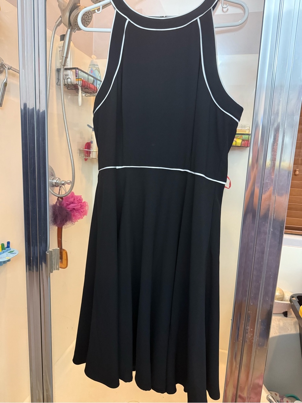 Women's Black Halter Neck Knee-Length Dress with White Trim